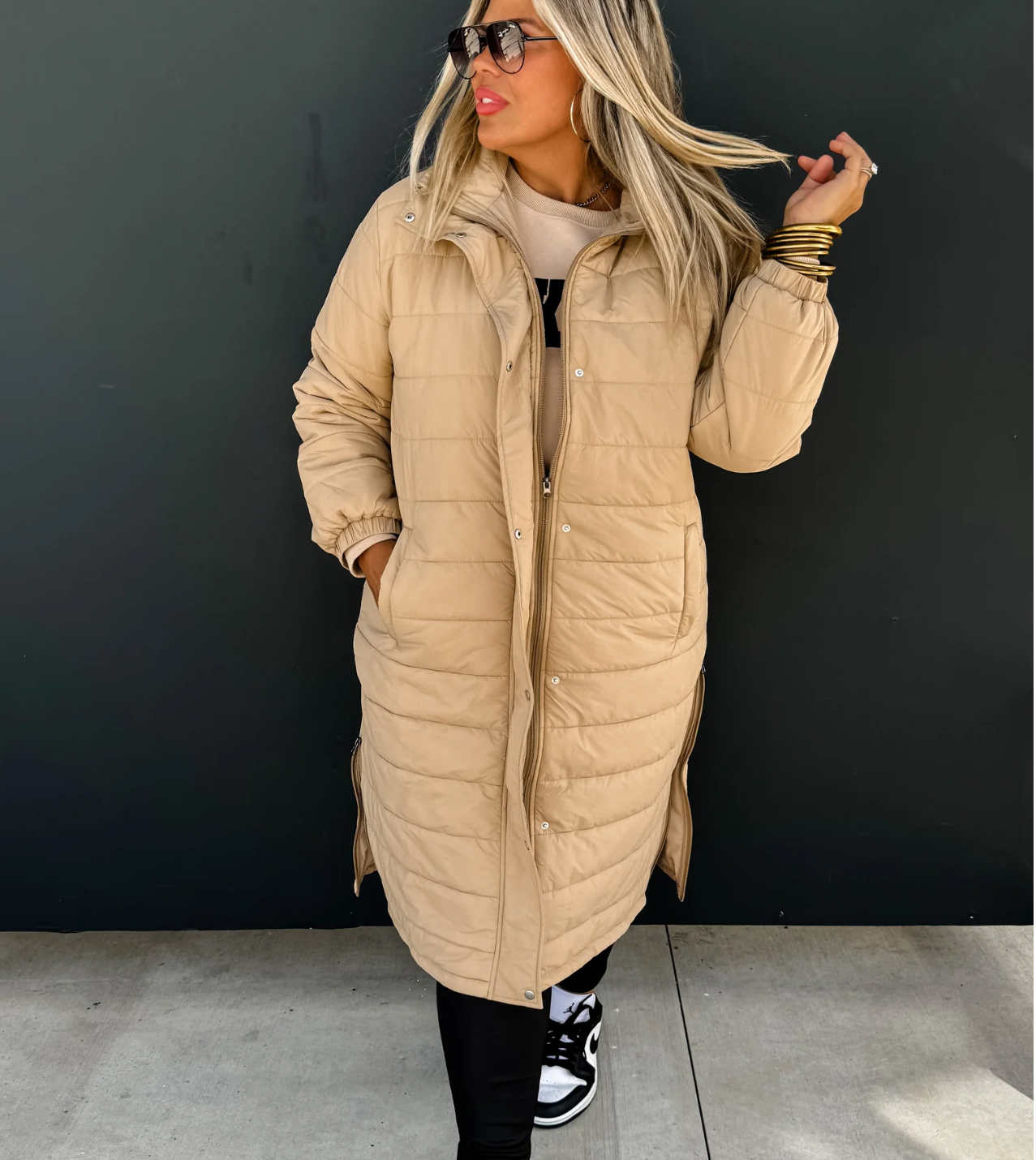 Tan long puffer coat sale